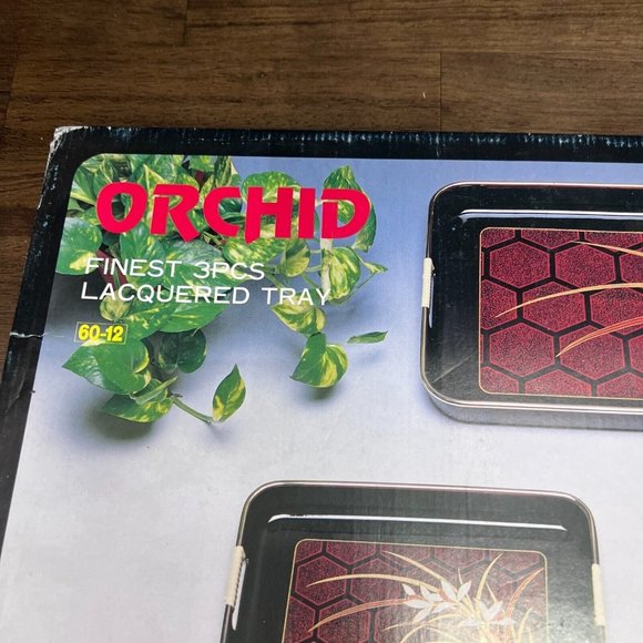 VINTAGE SHADDY ORCHID 3 PCS LACQUERED TRAYS SET OF 3 JAPAN ORIGINAL BOX NEW - Picture 2 of 7